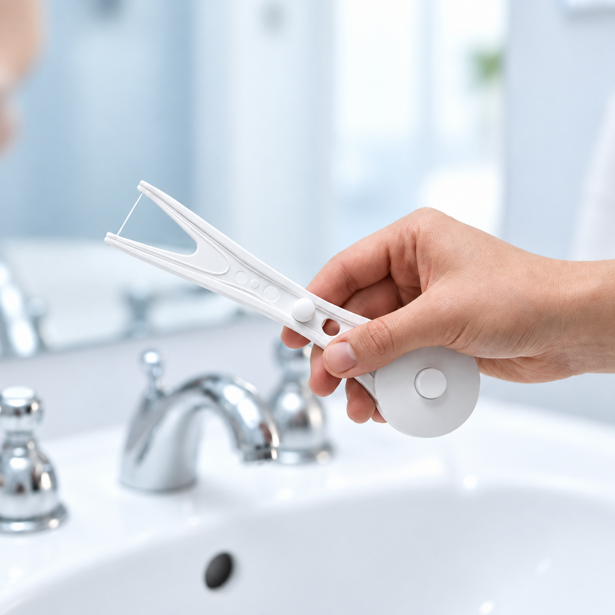White Flossy held in one hand above a bathroom sink
